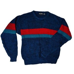 Royal Knight Sweater Mens S-M Blue Red Green Cable Knit Retro Striped Casual Vtg